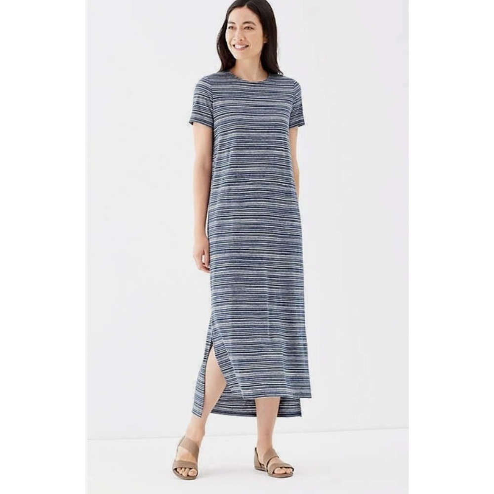 Pure J.Jill Dress Women Maxi Blue Stripe Cotton Modal Coastal Short Sleeve M